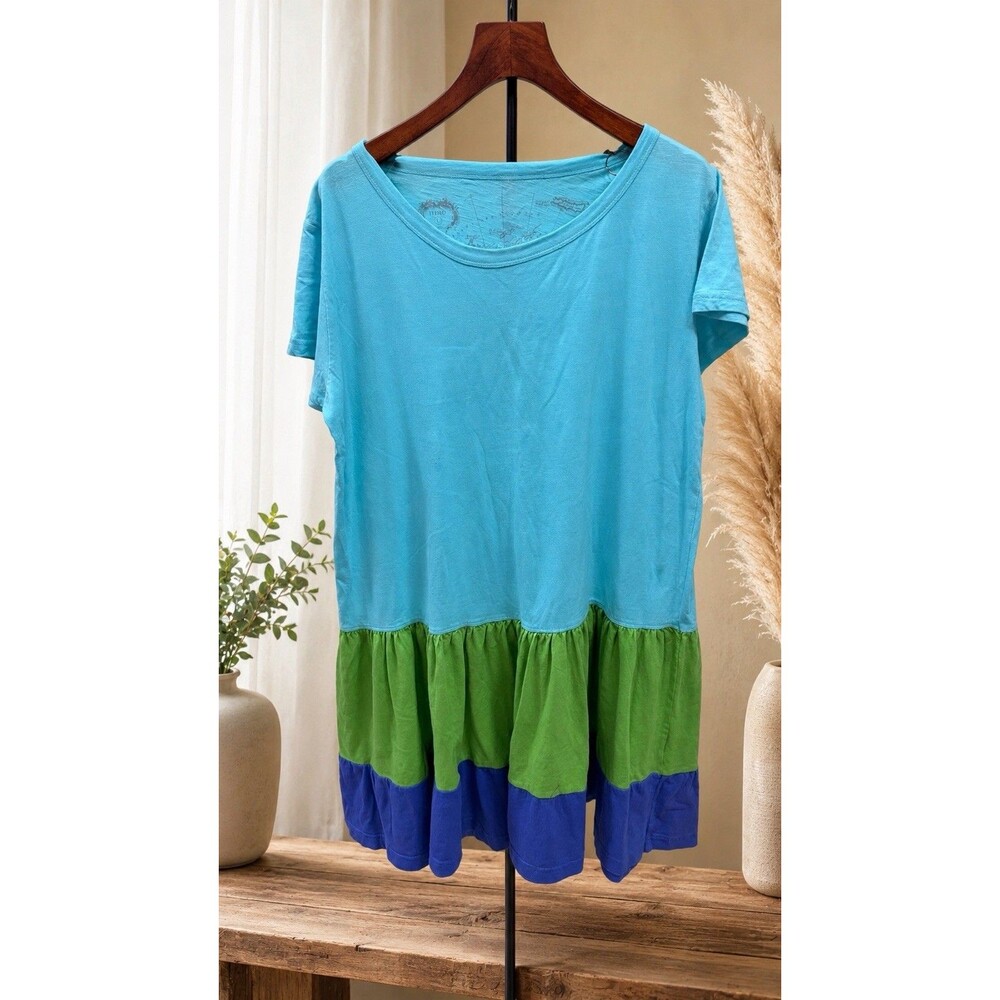 HIHO 100% Cotton Colorblock Tunic Dress Size L Turquoise Green Tiered Ruffle